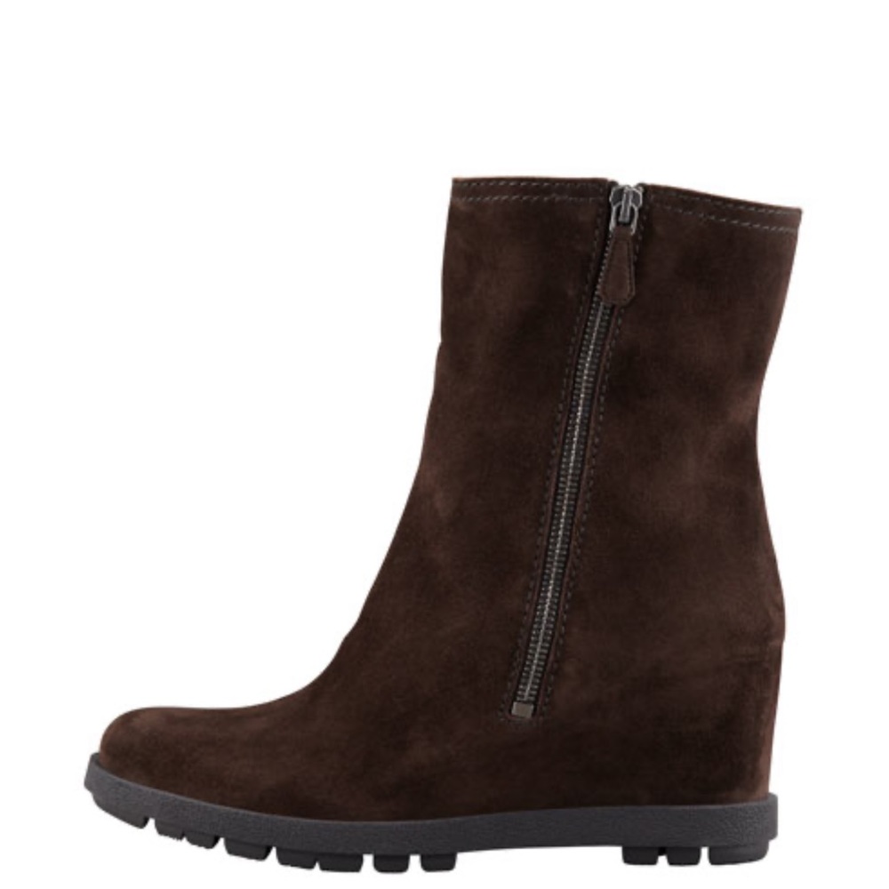 NWOT Prada Suede Double-Zip Wedge Ankle Boot. 38.